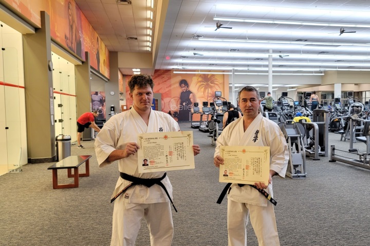 Jared Knapp (shodan) and Ion Durbaca (sandan) at the 2020 belt grading